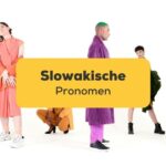 Freunde in bunten Outfits auf weißem Hintergrund. Lerne häufige slowakische Pronomen mit der Ling-App.