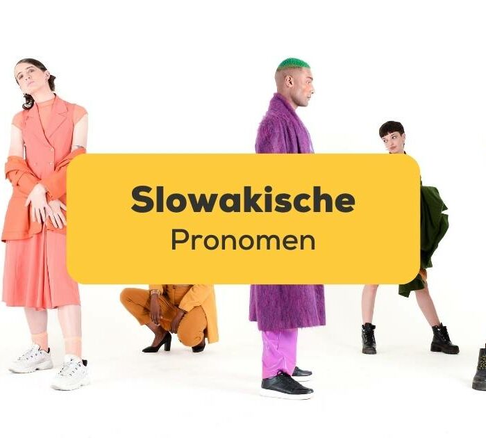Freunde in bunten Outfits auf weißem Hintergrund. Lerne häufige slowakische Pronomen mit der Ling-App.