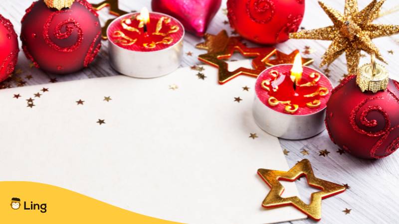 Weihnachtsgruß-Nachricht und Dekoration. Lerne Malayalam Weihnachtsgrüße mit der Ling-App für ein schönes Fest.