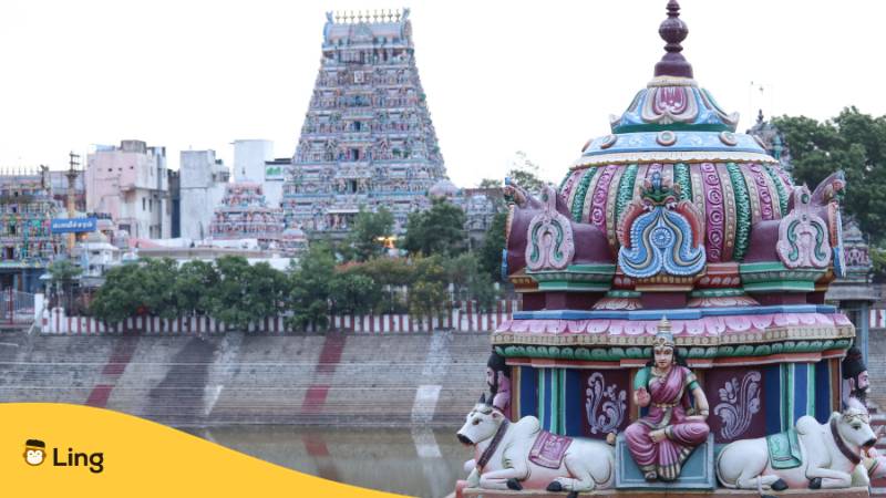 Blick auf den Kapaleeshwarar-Tempel in Chennai Tamil Nadu von der Seeseite. Entdecke Malayalam Sprichwörter. Lerne Malayalam mit der Ling-App.