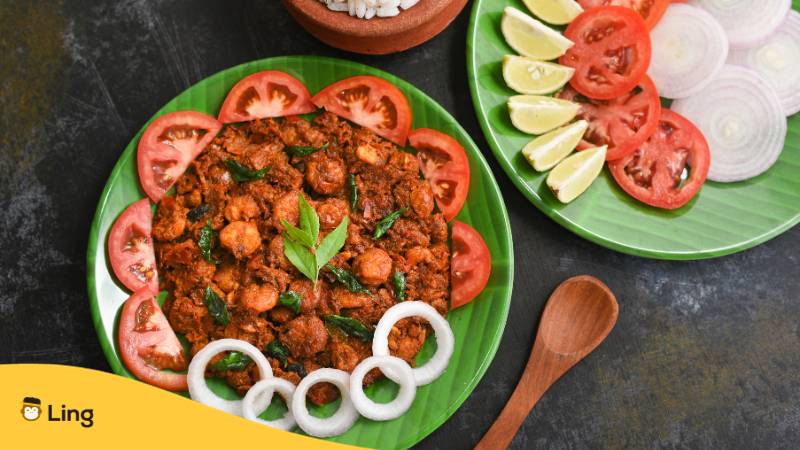 Kerala Fischcurry Garnelen, Chemmeen gebratene Garnelen braten, würzige Garnelen Masala. Leitfaden zum Essen bestellen auf Malayalam mit der Ling-App.

