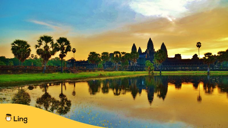 écriture khmer
Temple d'Angkor Vat et coucher du soleil