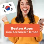 Frau hebt Faust vor Freude in die Luft, in der anderen Hand hält sie ein Handy in der Hand und lernt mit der Ling-App, da sie eine der besten Apps zum Koreanisch lernen ist