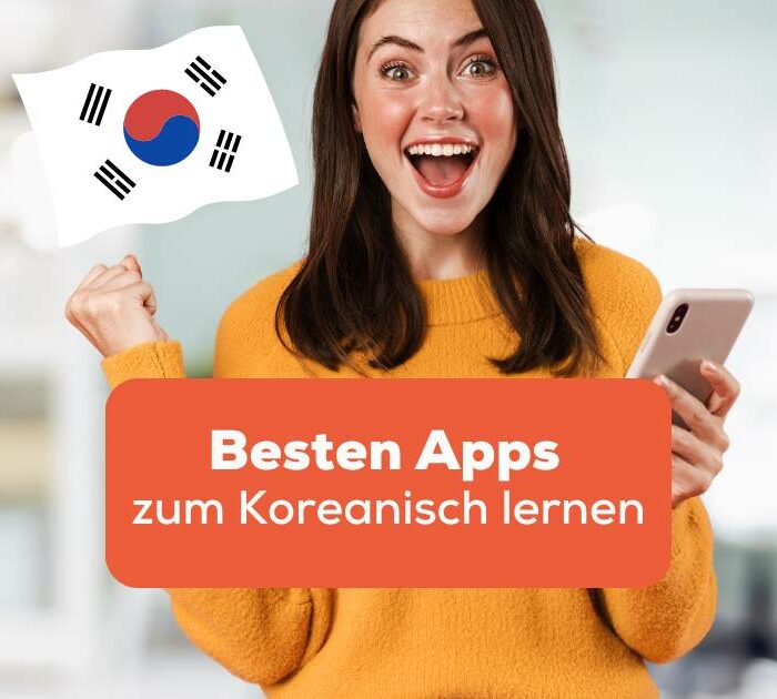 Frau hebt Faust vor Freude in die Luft, in der anderen Hand hält sie ein Handy in der Hand und lernt mit der Ling-App, da sie eine der besten Apps zum Koreanisch lernen ist