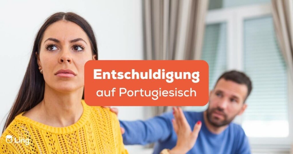 Gestresster junger Mann, der sich nach einem Streit bei seiner frustrierten Frau entschuldigt. Frau ignoriert entschuldigenden Mann. Lerne wie man aufrichtig Entschuldigung auf Portugiesisch sagt mit der Ling-App.
