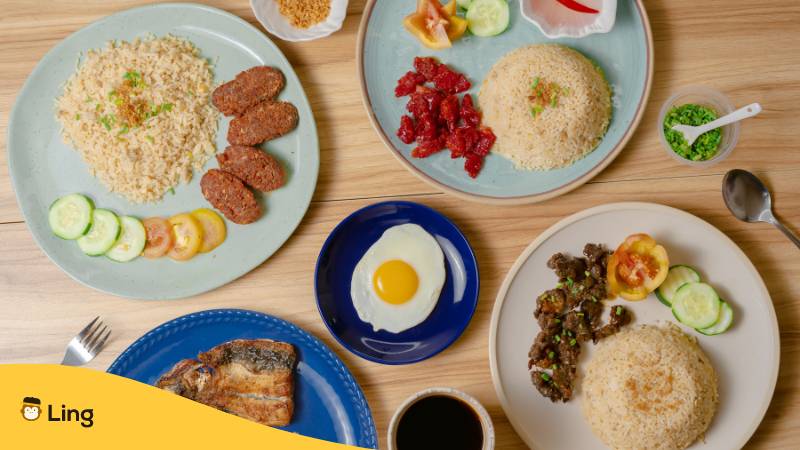 Vier philippinische Mahlzeiten. Lerne 7 nützliche Vokabeln zur Ernährung auf Tagalog mit der Ling-App.
