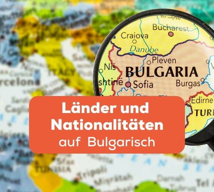 Lupe über einer Länderkarte, wobei Bulgarien durch die Linse vergrößert wird. Lerne 90 Länder und Nationalitäten auf Bulgarisch mit der Ling-App