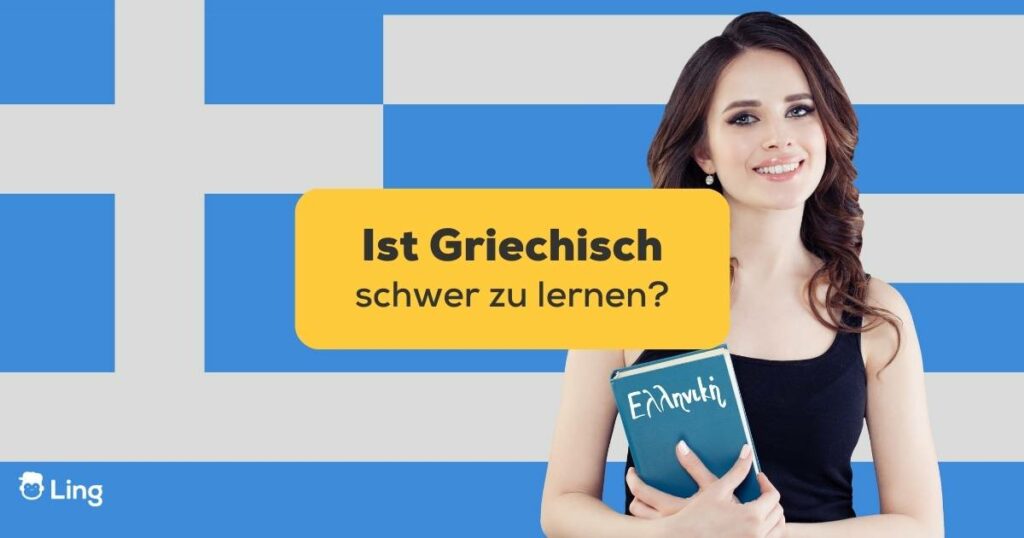 Lächelndes Mädchen mit Buch und griechischer Flagge. Ist Griechisch schwer zu lernen? Entdecke 3 Wahrheiten, die du kennen solltest!