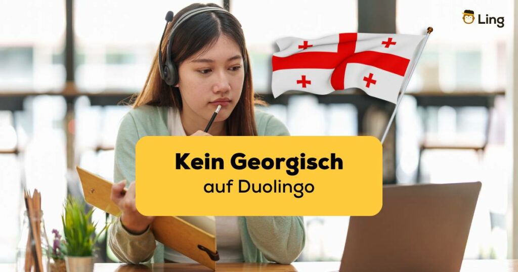 Brünette Frau schaut verwirrt auf den Laptop weil sie Kein Georgisch auf Duolingo finden kann, aber mit der Ling-App hat sie eine gute Atlernative gefunden und kann dadurch Georgisch lernen