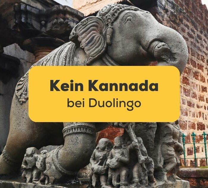 kulptur von Airavata vor dem Madhukeshwara-Tempel, Banavasi, Uttara Kannada, Karnataka, Indien. Erfahre, warum es kein Kannada bei Duolingo gibt? Und entdecke die beste App, um Kannada 2024 zu lernen!