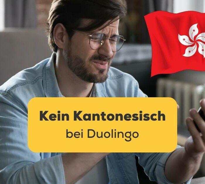 Mann schaut frustriert auf sein Handy weil er Kantonesisch bei Duolingo finden kann. Erfahre, warum es kein Kantonesisch bei Duoling gibt und entdecke 2 überzeugende Alternativen.