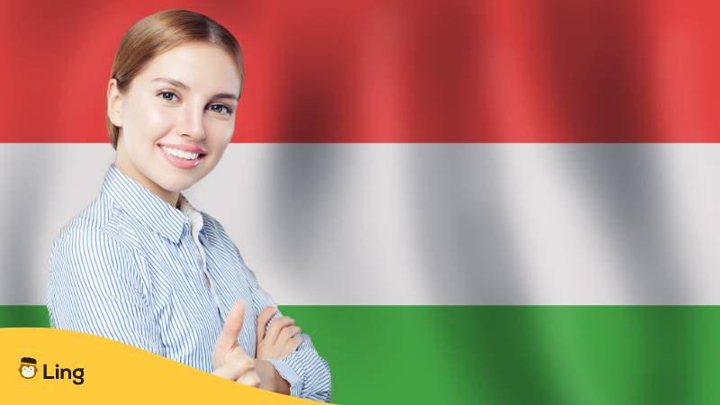 Glückliches Studentenmädchen und ungarische Flagge. Ungarische Sprache lernen. Erfahre warum es kein Ungarisch bei Babbel gibt? Und die 4 besten Alternativen für 2024!
