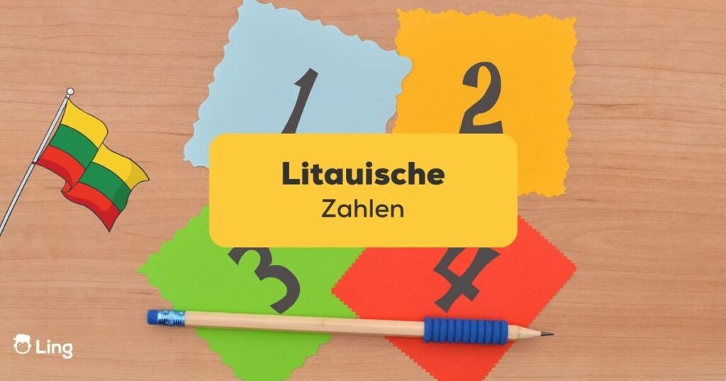 Vier bunte Blätter mit Zahlen von 1 bis 4 und Stift auf Holztisch. Der beste Leitfaden, um litauische Zahlen zu lernen!