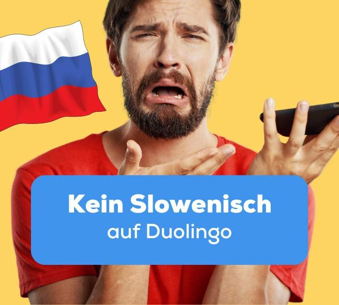Brünetter Man hält Handy frustrierend in der Hand und regt sich darüber auf, dass es Kein Slowenisch auf Duolingo gibt, aber mit der Ling-App kann er zum Glück trotzdem Slowenisch lernen