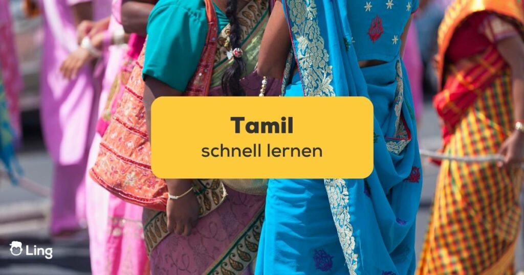 Tamilische Anhängerin bei einer religiösen Prozession. Lerne wie du Tamil schnell lernen kannst mit der Ling-App.