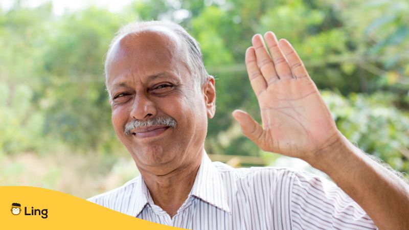 Älterer Mann hebt seine linke Hand und sagt tschüss auf Tamil. Lerne Tamil mit Ling!