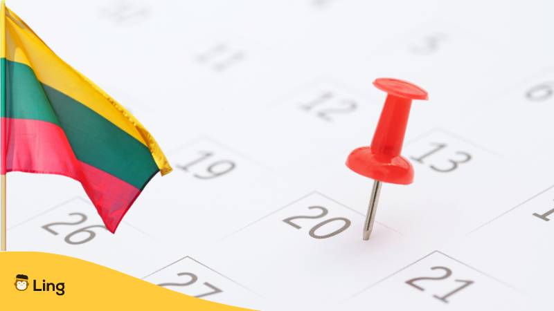 Kalender mit Pinnnadel und litauischer Flagge. Litauischer Kalender entdecken mit der besten Liste für Veranstaltungen im Jahr 2024!