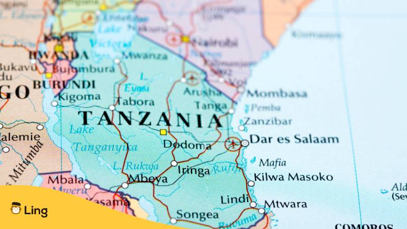 Karte von Tanzania und seinen Nachbarländern. Ist Swahili schwer zu lernen? Entdecke 5 faszinierende Wahrheiten! mit der Ling-App.
