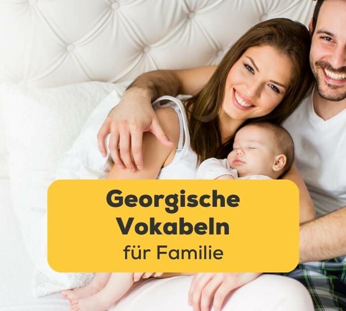 Glückliche dreiköpfige georgische Familie. Lerne über 30 einfache georgische Vokabeln für Familie mit der Ling-App.