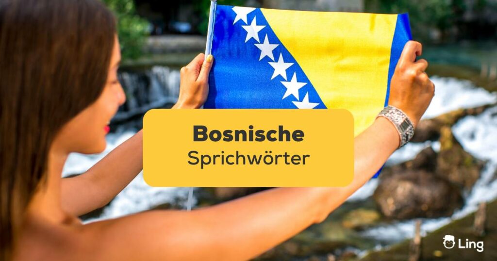 Frau leicht von hinten, und hält die bosnische Flagge in beiden Händen hoch und lernt bosnische Sprichwörter