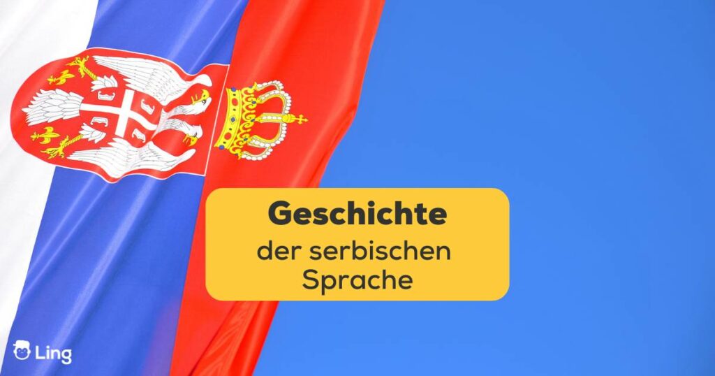 Serbische Flagge öffnet sich vor blauen Hintergrund wie ein Vorhang.