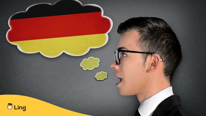 A photo of a person talking and a flag of german, representing that he's speaking in German. - How I learned German 