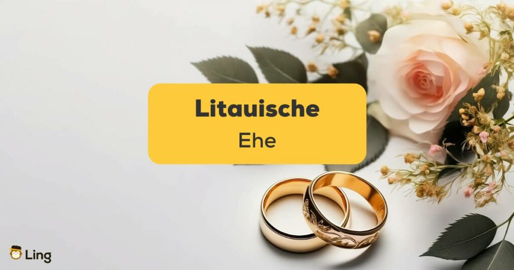 Entdecke die 10 schönsten litauischen Hochzeitstraditionen um eine litauische Ehe zu schließen. Eheringe und Blumen auf heller Fläche.