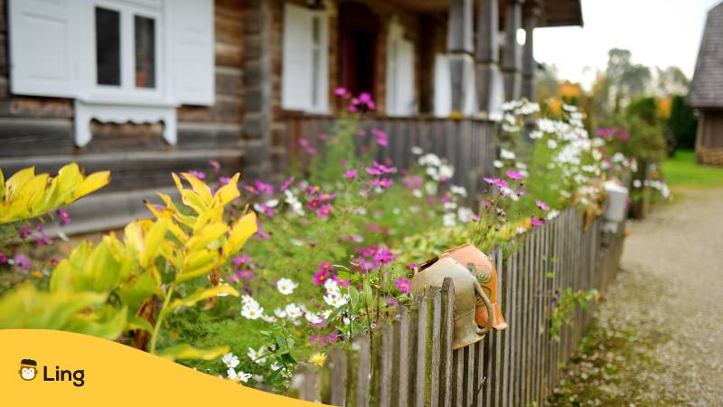 Verschiedene blühende Blumen vor einem alten Holzhaus in einem traditionellen litauischen Dorf. Entdecke 10+ nützliche litauische Sätze für Reisen!