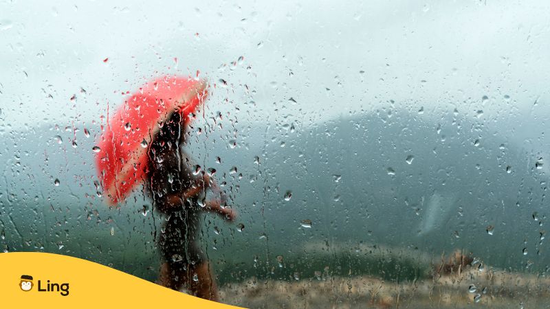 Woman with umbrella in the rain - Slovenian Weather Vocabulary Ling App 