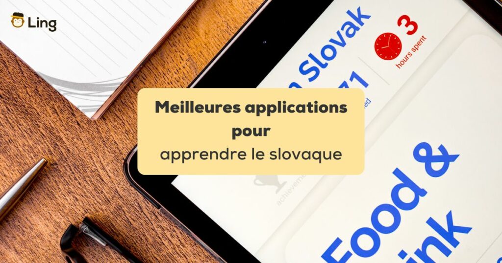 applications pour apprendre le slovaque Application de langue slovaque sur tablette posée sur un support en bois