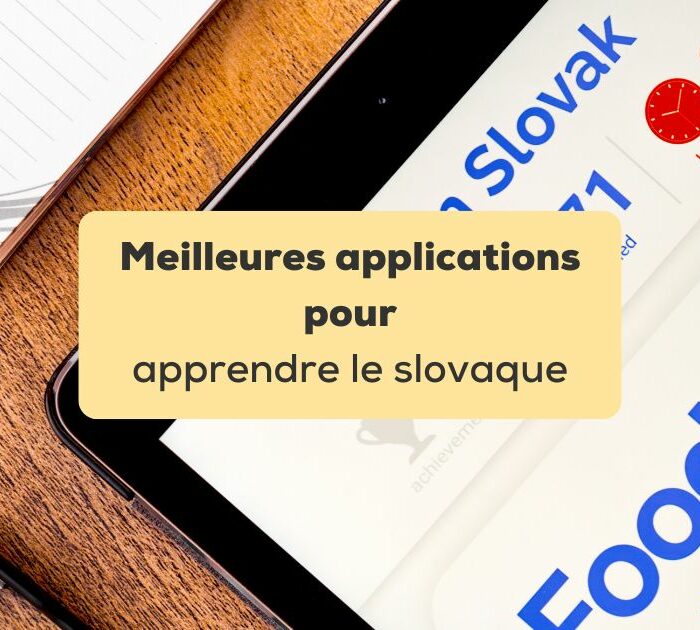 applications pour apprendre le slovaque Application de langue slovaque sur tablette posée sur un support en bois