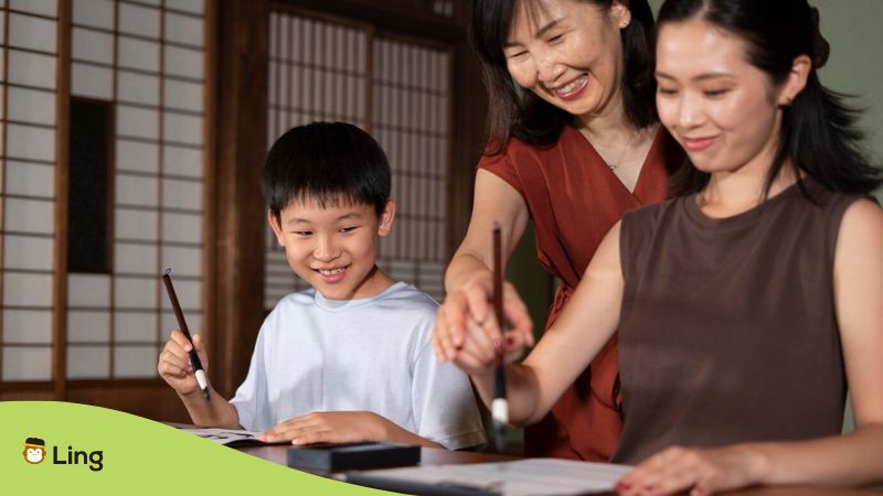 Apps to learn Traditional Chinese - A photo of mother teaching son and daughter to write.