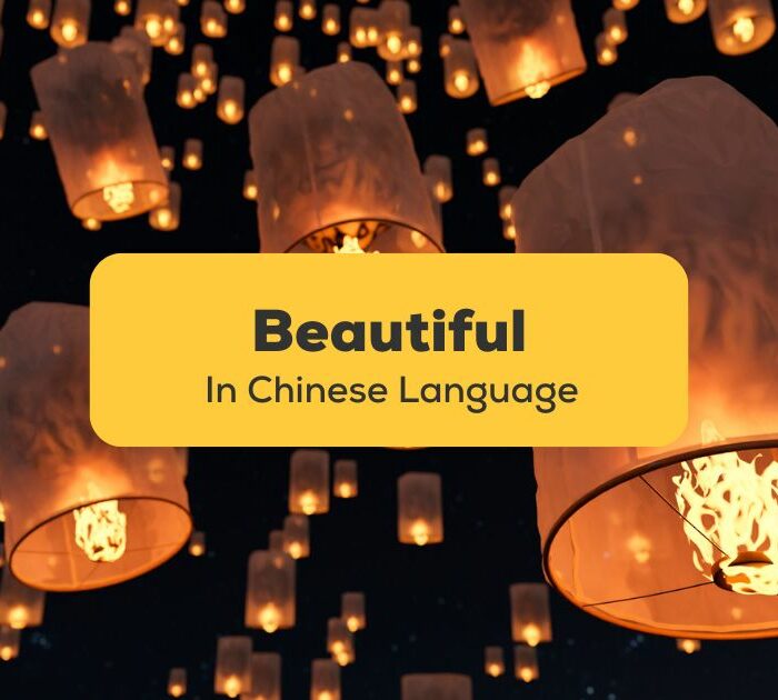 paper lanterns in the night sky against the text beautiful in Chinese language