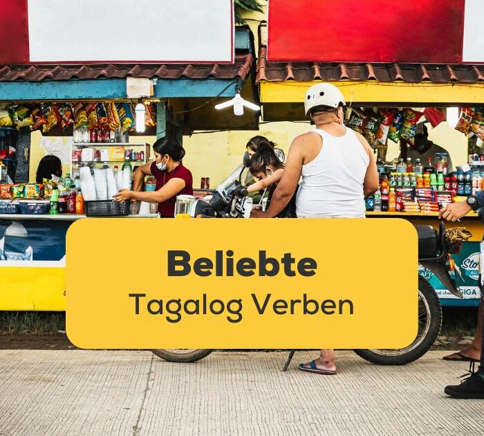 Menschen vor einem Sari-Sari-Laden. Lerne über 14 beliebte Tagalog Verben und werde zum Sprachprofi!