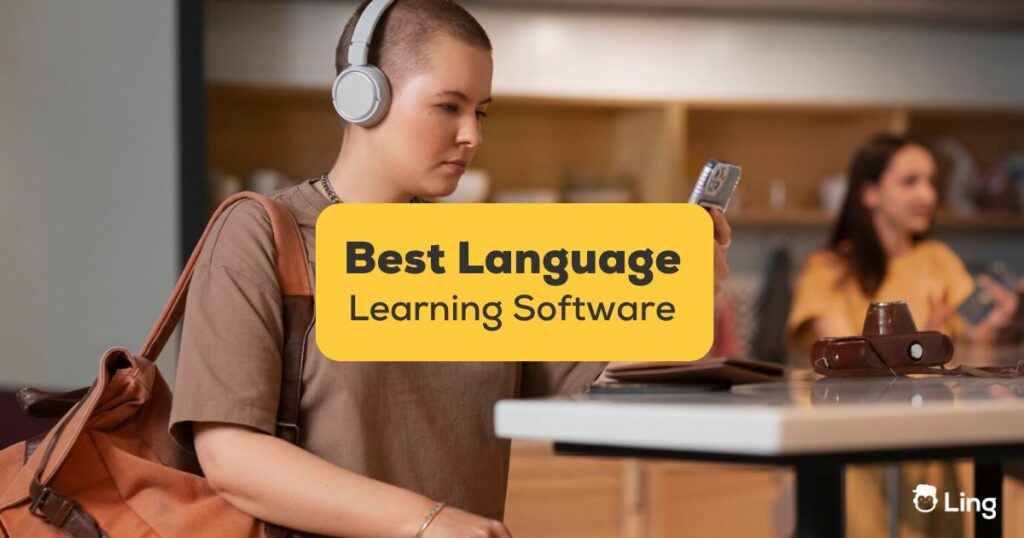 Best language learning software - A photo of a traveler using a phone and a headphone.