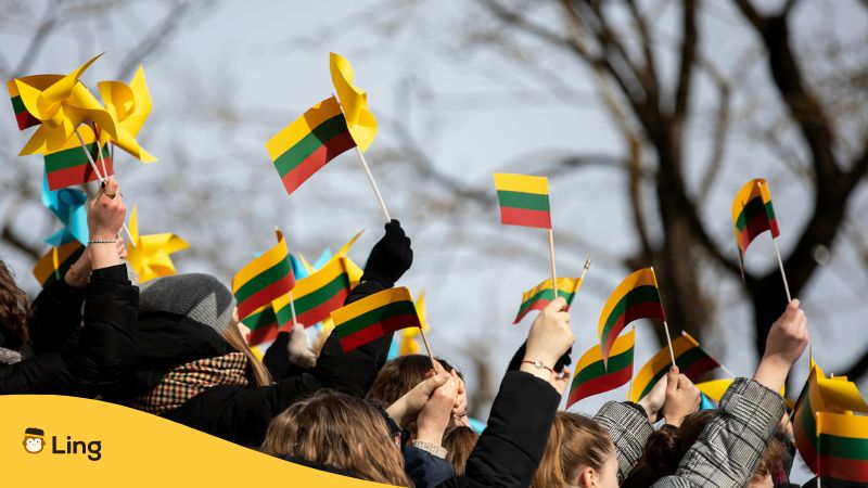 An image of people holding Lithuanian flags