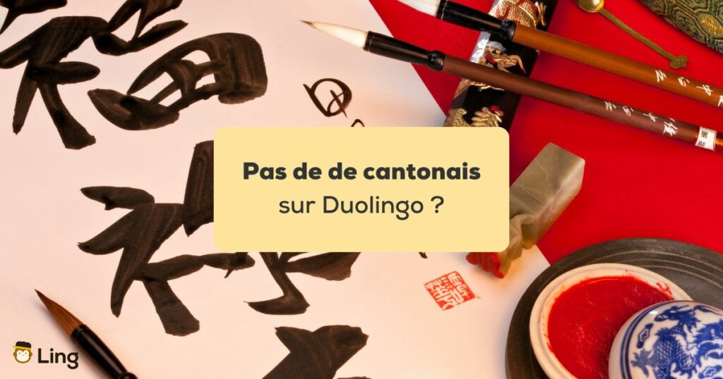 Pas de cantonais sur Duolingo Calligraphie chinoise traditionnelle sur fond rouge avec des pinceaux