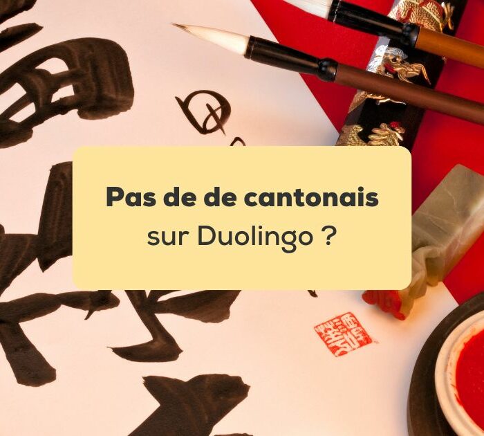 Pas de cantonais sur Duolingo Calligraphie chinoise traditionnelle sur fond rouge avec des pinceaux