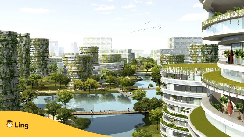 Eco city with buildings covered with foliage and water between them 
