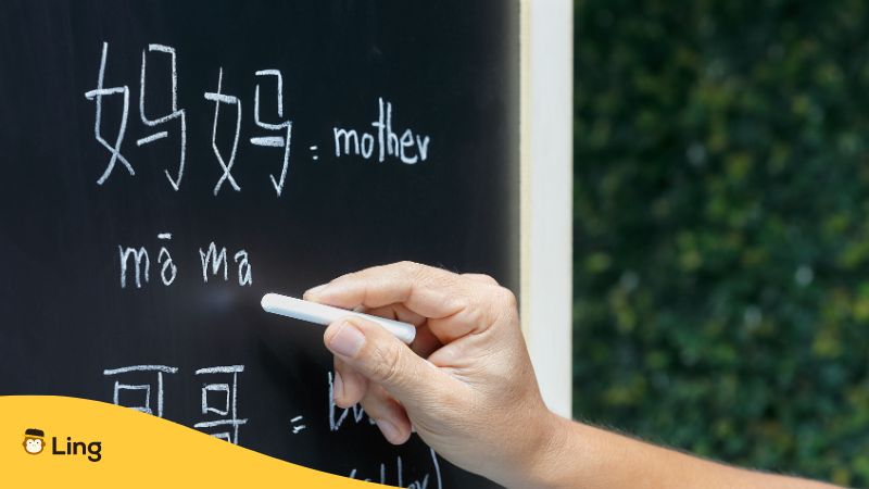 Blackboard explaining Chinese pronunciation of the word mother, a hand holding chalk is writing on it