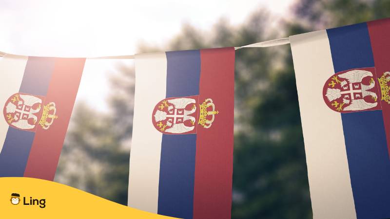 Flagge von Serbien. Welche Sprache wird in Serbien gesprochen? Entdecke 3 Gruppen.