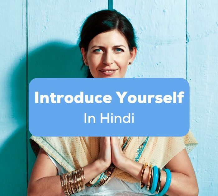 Woman with hands in Namaste with introduce yourself in Hindi text - Ling app