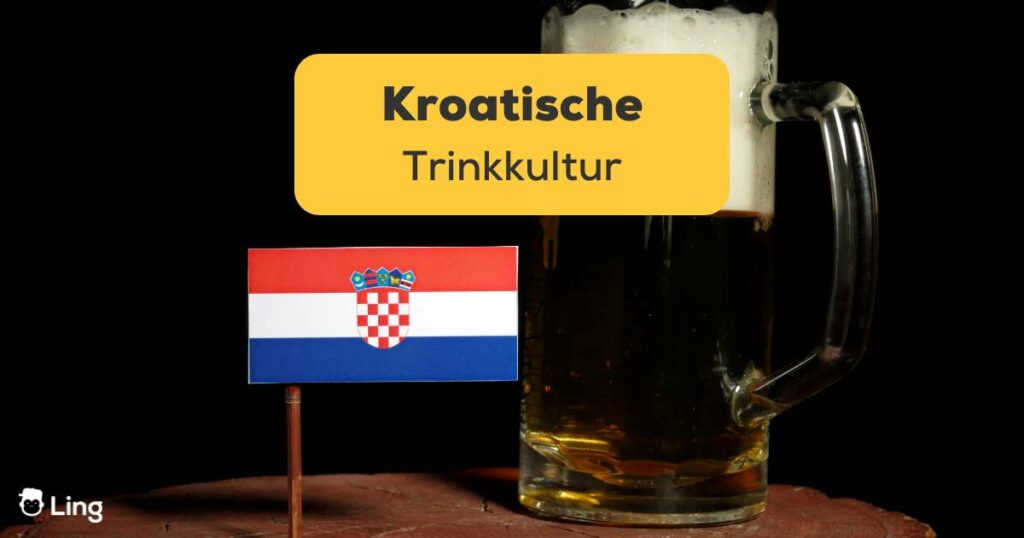 Kroatische Flagge mit Bierkrug isoliert auf schwarzem Hintergrund. Kroatische Trinkkultur mit Ling entdecken!