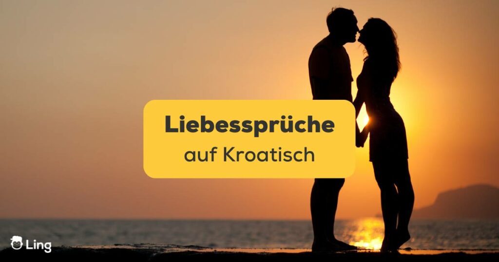 Verliebtes Paar am Strand beim Sonnenuntergang. Lerne über 15 beste Liebessprüche auf Kroatisch!