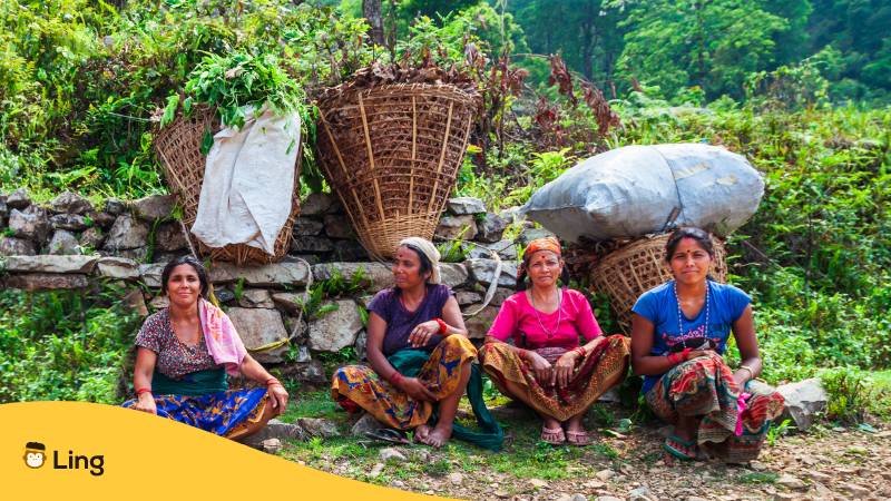 Bäuerinnen im Reisfeld, Nepal. Entdecke 32 nützliche Frage-Wörter auf Nepali. 
