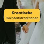 Frau in weißem Hochzeitskleid hält Händchen mit Mann beim Gehen. Entdecke 10 erstaunliche kroatische Hochzeitstraditionen mit Ling!