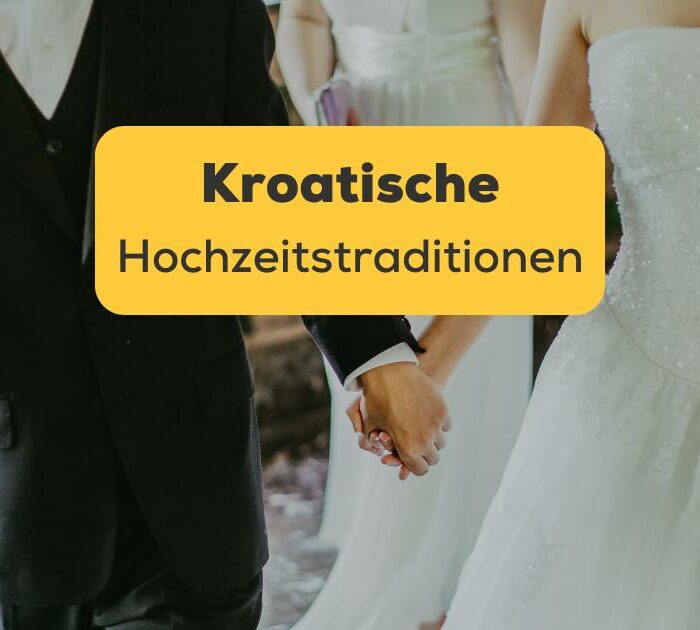 Frau in weißem Hochzeitskleid hält Händchen mit Mann beim Gehen. Entdecke 10 erstaunliche kroatische Hochzeitstraditionen mit Ling!