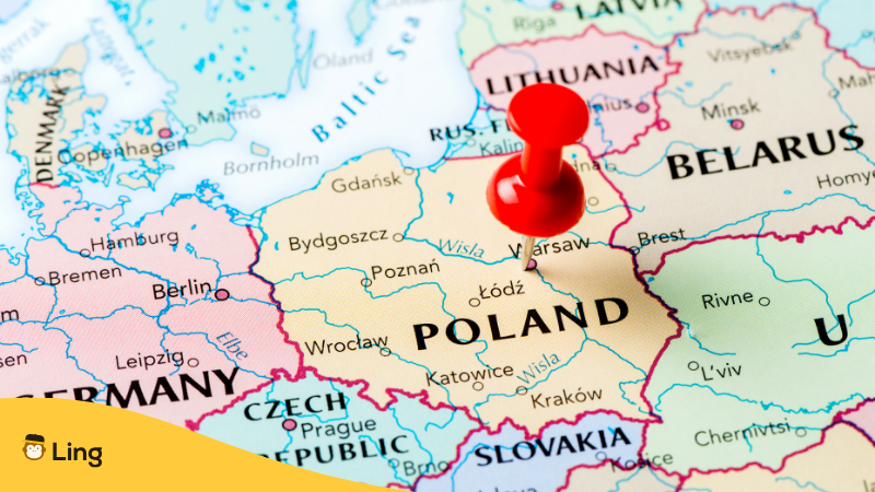 red pin on poland for traveling in poland