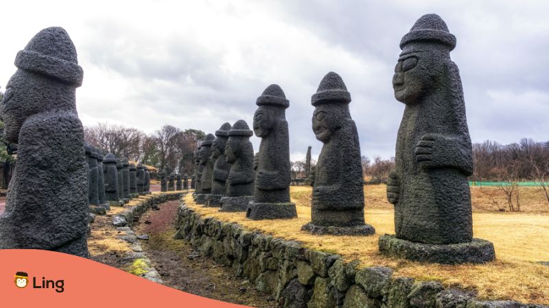 A photo of statues in Jeju Island Stone Park.
