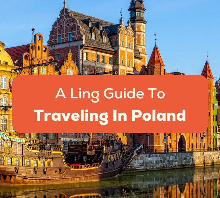 the words a ling guide for traveling in poland with background of vibrant buildings and a ship
